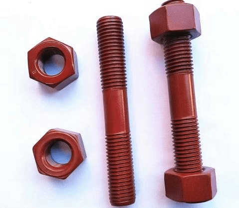 Anti-corrosion coating for double-headed screws is sprayed red