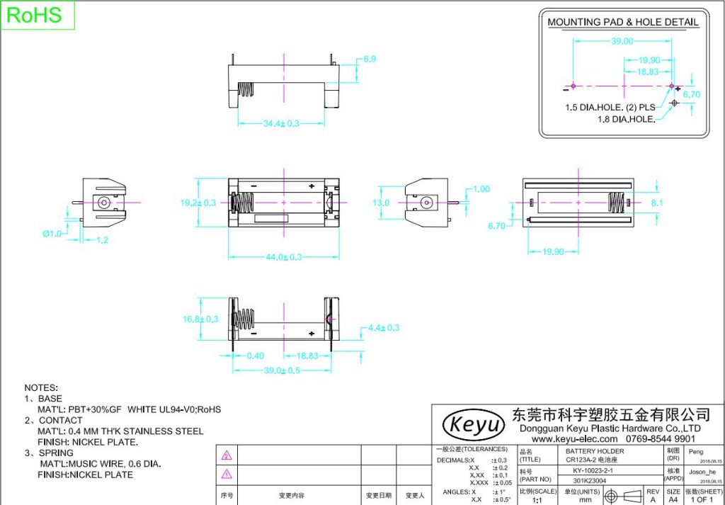 specifications of single CR123A-2 battery holder