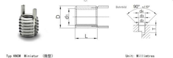 specifications of KNCM miniatur keylocking threaded insert