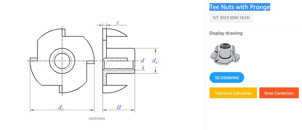 specifications of Tee Nuts with Pronge