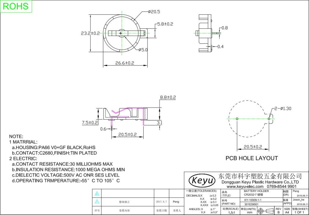 Specifications of CR2032-7 Battery Holder