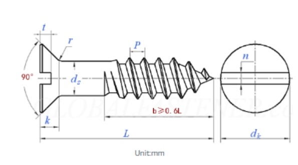 Specifications of Slotted Countersunk (Flat) Head Wood Screw